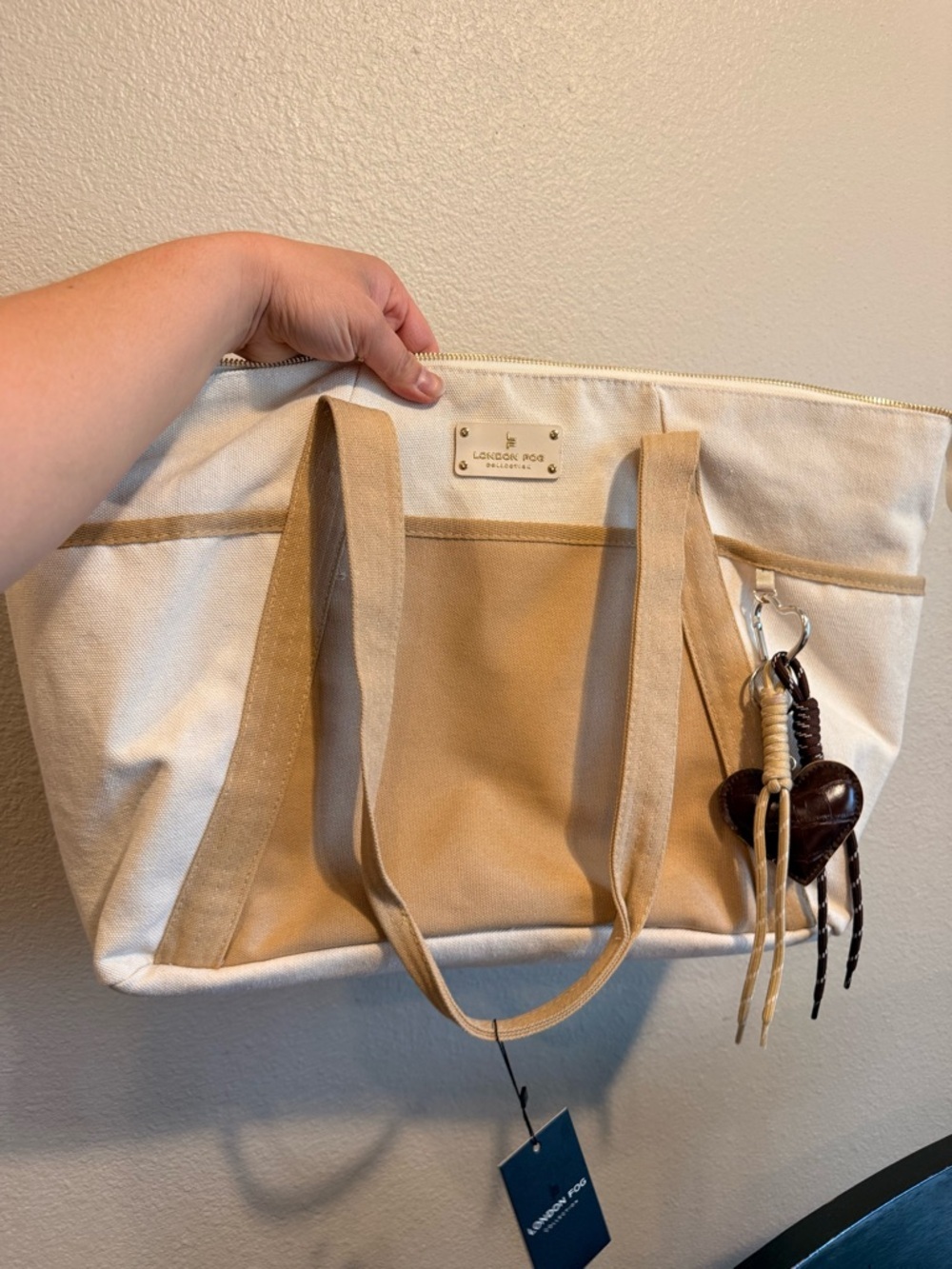 London Fog Canvas Tote Bag in Cream and Tan - Picture 14 of 14